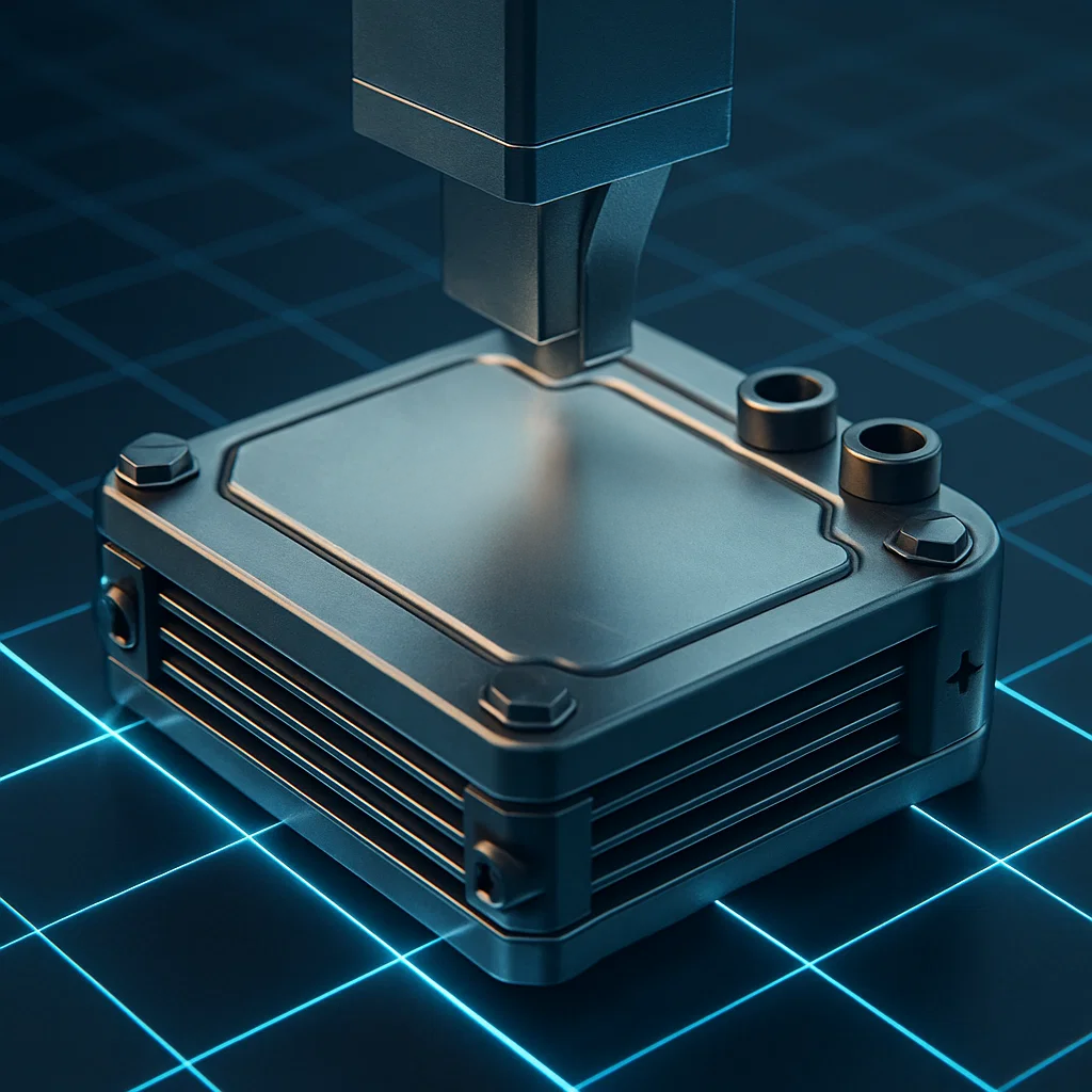 3D-rendered concept of a compact hydrogen fuel cell on a digital grid, showcasing future clean energy technology.