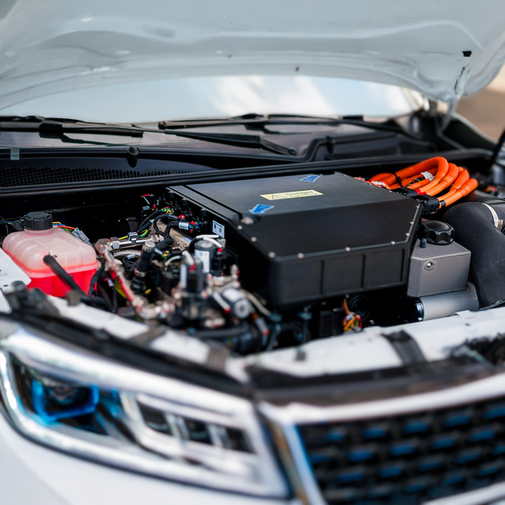 Close-up view of a hydrogen fuel cell engine in a vehicle, showcasing advanced clean energy technology