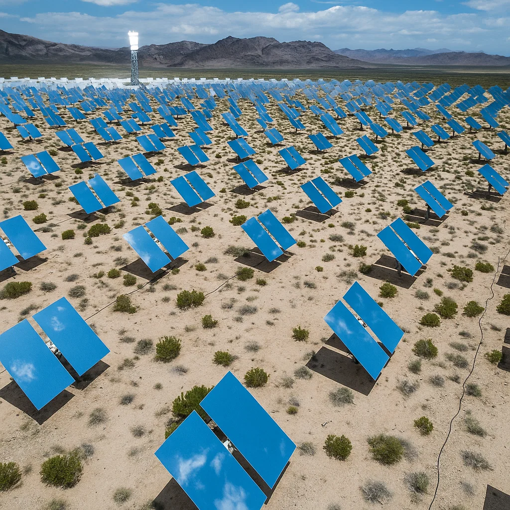 Solar thermal power plant with heliostat mirrors reflecting sunlight toward a central tower, located in a desert landscape.